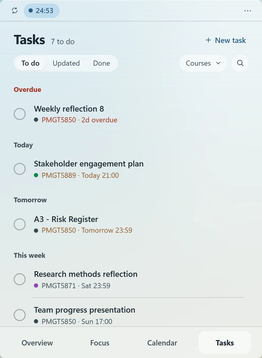 Task list with assignments grouped by due date